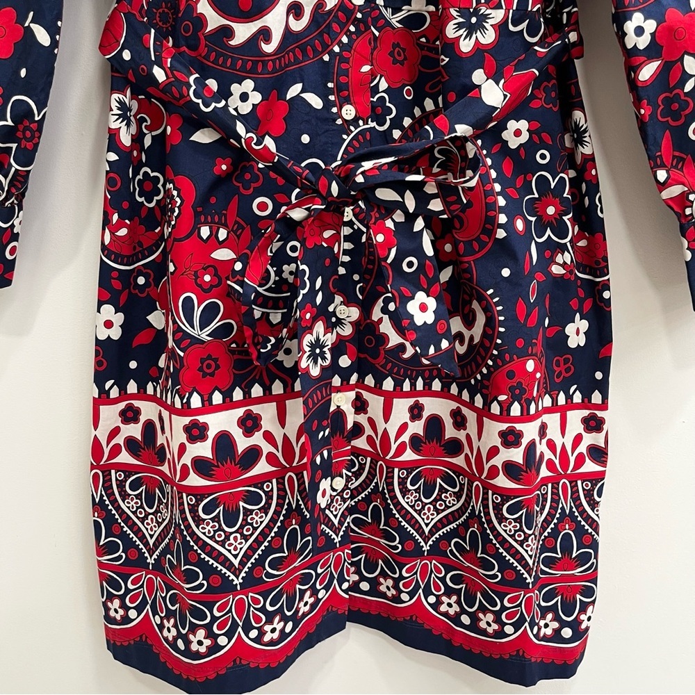 Talbots Picnic Paisley Poplin Shirtdress Navy Blue Red Belted Long Sleeve 16P - Picture 6 of 13